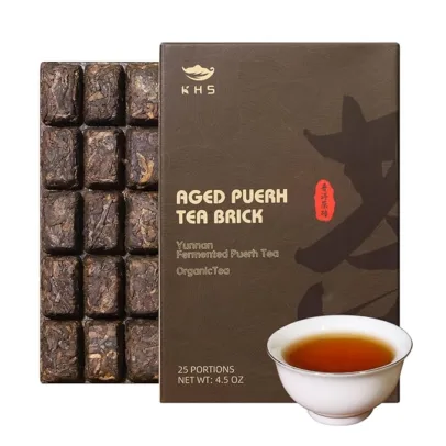 KHS Organic Ripe Pu Erh Tea Brick, 4.5 Oz USDA Certified Organic Puerh Tea Cake, No Dust Production Workshop, Aged Fermented Pu erh Yunnan Ancient Tree Pu'erh Cake, Woody, Deep Earthy Flavor