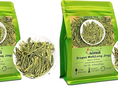 FullChea - Longjing Tea - Dragonwell Tea - Chinese Green Tea Loose Leaf - Toasty Bean Aromatic - Lung Ching Dragon Well (8.8oz / 250g) (Pack of 2)